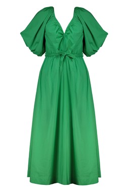Green Puff Sleeve Poplin Midi Dress