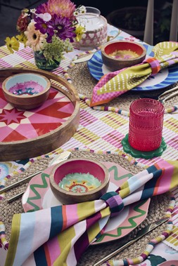 Dip bowls £8 each, Berber Stripe woven placemats, set of 2 £10 ,Beni striped table runner £14 & Round tray £30