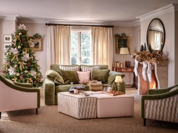 Atelier 3 Seater Full Back Sofa in Atelier Soft Chenille Olive Mix with Gold Contrast Piping, £1899. Atelier Accent Chair in Atelier Soft Chenille Olive/Houndstooth Designer Fabric Natural, £949.