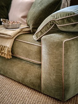 Atelier 3 Seater Full Back Sofa in Atelier Soft Chenille Olive Mix with Gold Contrast Piping, £1899.