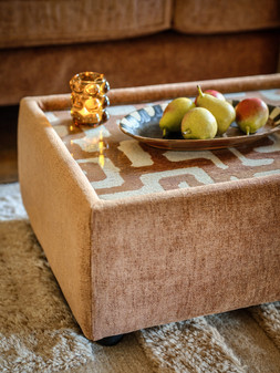 Roscoe 3 Seater in Linen Look Chenille Cinnamon Mix with Walnut Feet, £1299. Roscoe Console in Linen Look Chenille Cinnamon Mix with Walnut Feet and Glass Top, £399.