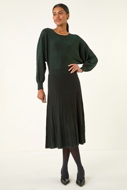 Roman Green Shimmer Pleated Knit Midi Dress