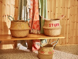 Stuff Embroidered Seagrass Storage Basket €25.50 & Lemons Embroidered Seagrass Storage Basket £19.5 & Cherries Embroidered Seagrass Storage Basket £16.5