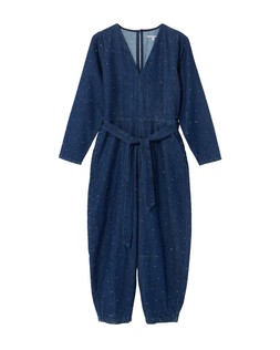 Dark Blue Denim Hot Fix Sparkle Tie Waist Jumpsuit