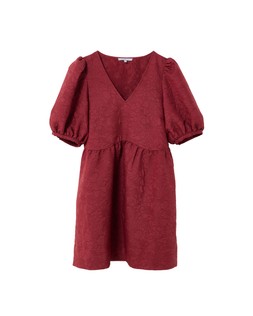 Burgundy Floral Jacquard V-Neck Puff Sleeve Mini Dress £78