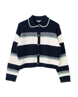 Navy Blue Striped Collared Knitted Cardigan £65