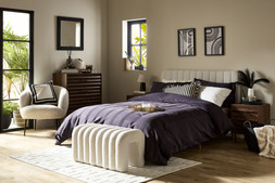 HOME SS26 // JAPANDI CALM // BEDROOM // CHECK DUVET SET - BLACK: DOUBLE £15 KING £18 // MONO STRIPE RUFFLE CUSHION £10 // WILLOW DOUBLE BED £150 //
