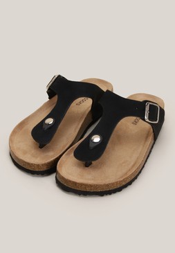 Womens Black Footbed Toe Post Sandals