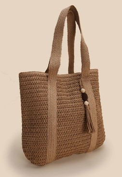 Womens Neutral Woven Straw Beach Bag