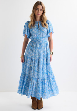 Blue Floral Flutter Sleeve Midi Dress