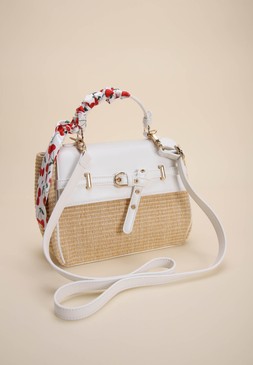 Womens Neutral Straw Cherry Scarf Shoulder Bag