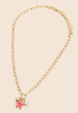 Womens Gold Pink Flower Charm Necklace