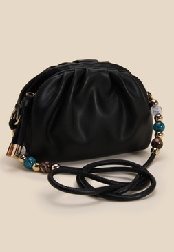 Womens Black Beaded Pouch Cross Body Bag