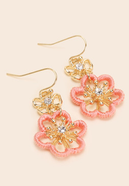 Womens Gold Double Flower Drop Earrings