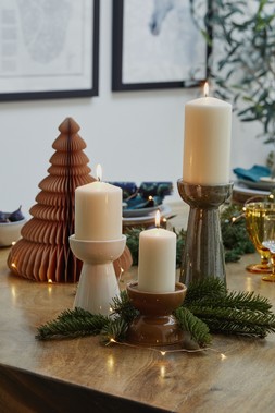 BOWEN PILLAR CANDLE HOLDER IN LINEN AND MOSS, BOWEN CANDLE PLATE IN LINEN ABND MOSS £7.99 TO £24.99