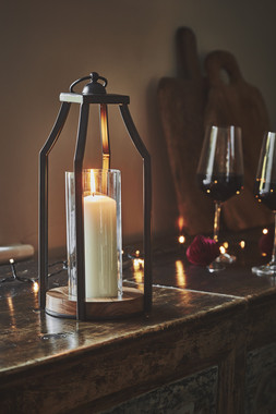 FELICITY CIRCULAR BASE LANTERN IN ACACIA WOOD/BLACK H44CM W20CM £59.99