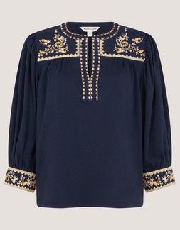 Emi Embroidered Cotton Jersey Top Blue