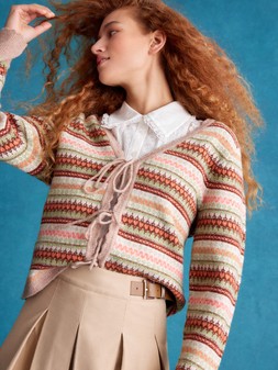 Fran Front Tie Fair Isle Cardigan Natural