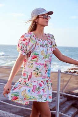 Postcard Print Puff Sleeve Mini Dress Multi