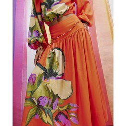 Orange Linen Blend Floral Gathered Blouse